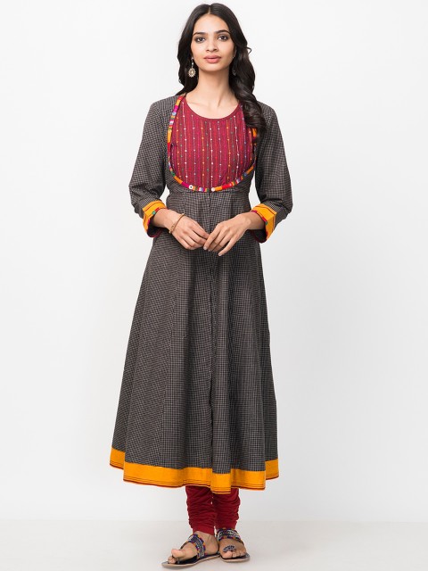 

Fabindia Women Black & Maroon Checked A-line Kurta