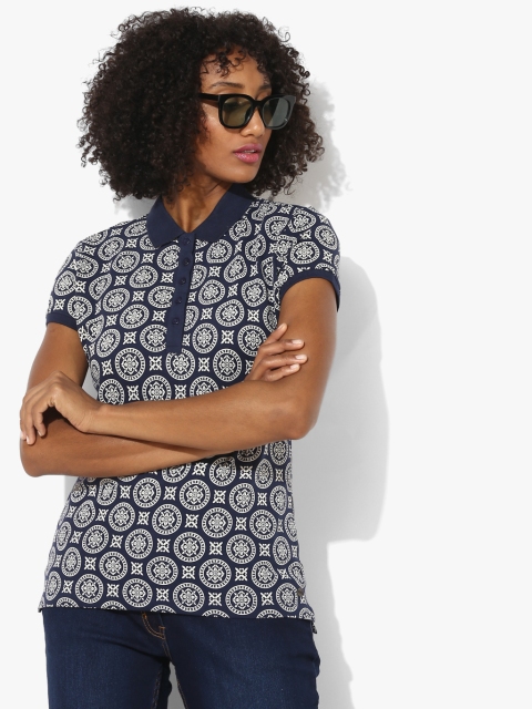 

Navy Blue Printed Polo Collar Tshirt