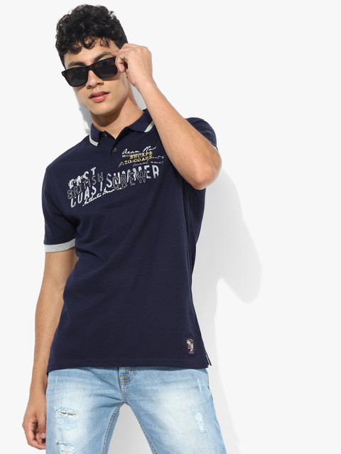 

Navy Blue Printed Regular Fit Polo T- Shirt