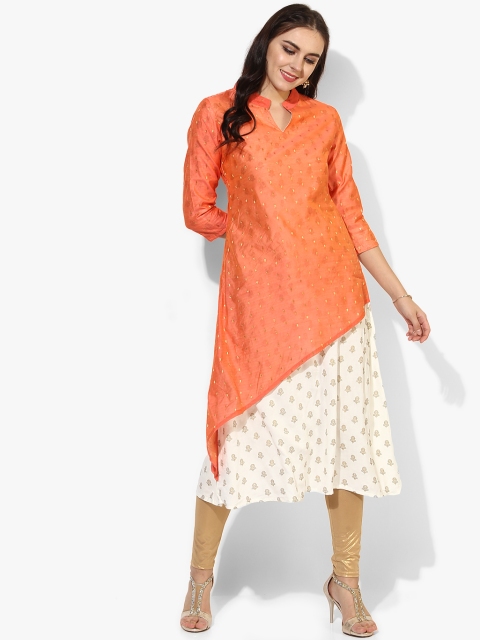

Divina Women Orange & Off-White Woven Design Layered A-Line Kurta