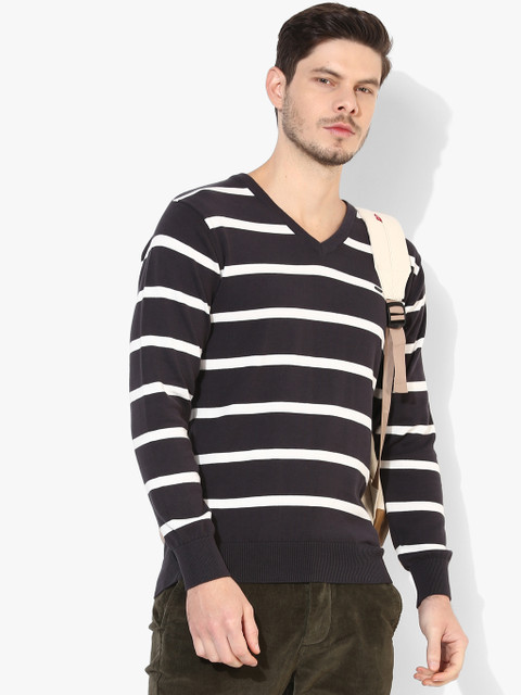 

Proline Men Black & White Striped V-Neck Sweater