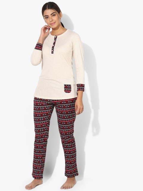 

Sweet Dreams Beige & Black Printed Night suit