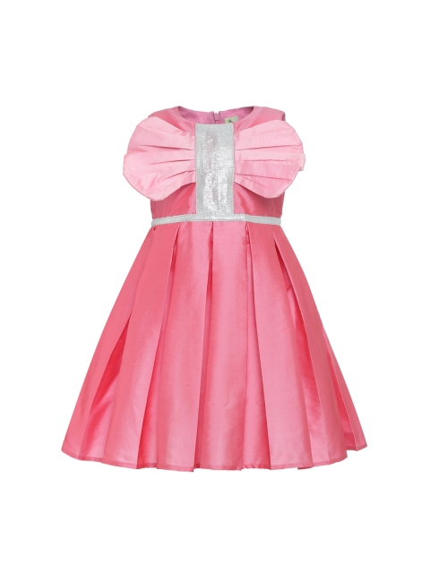A Little Fable Girls Pink Massive Bow Attack Solid Fit and Flare Silk Dress