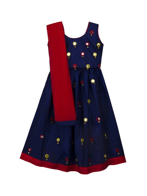 

KID1 Girls Navy Blue & Red Dyed Made to Measure Lehenga & Blouse with Dupatta