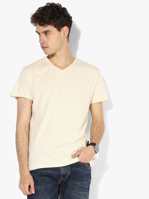 

Cream Textured Regular Fit V Neck T-Shirt