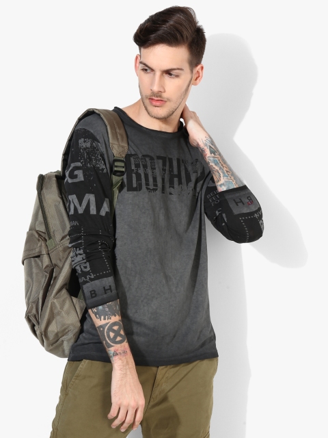 

Grey Melange Printed Regular Fit Round Neck T-Shirt, Black
