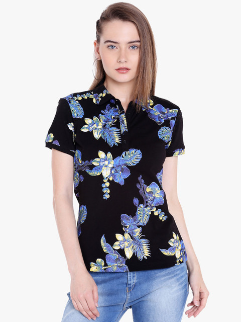 

SPYKAR Women Black Printed Polo Collar T-shirt