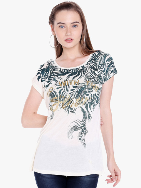 

SPYKAR Women Off-White Printed Round Neck T-shirt