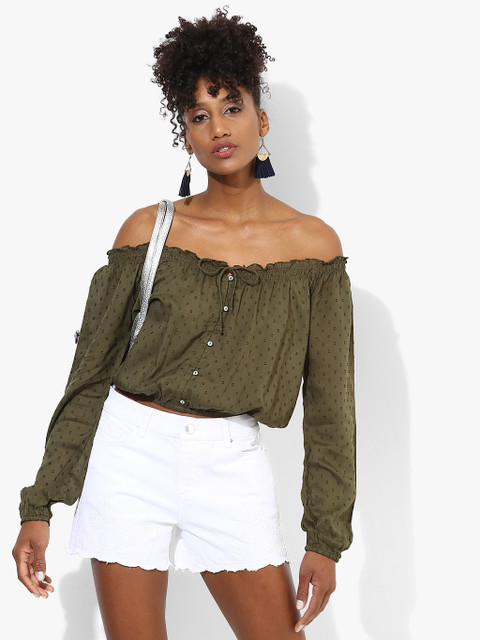 

Aeropostale Women Olive Green Self Design Pure Cotton Top