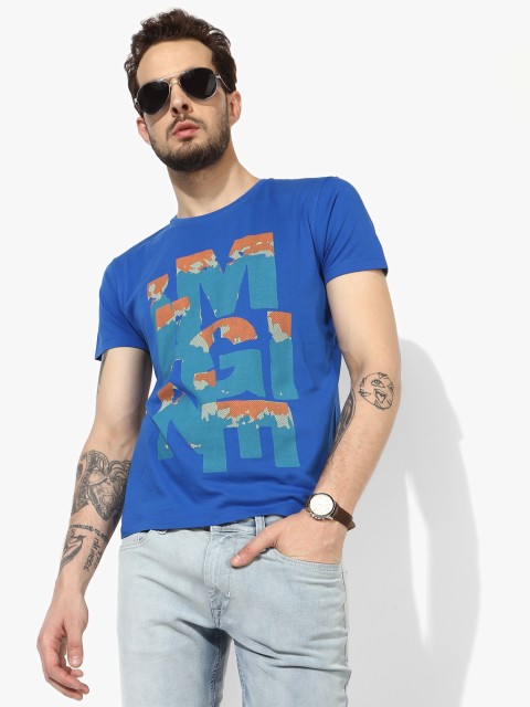 

Blue Printed Slim Fit Round Neck T-Shirt