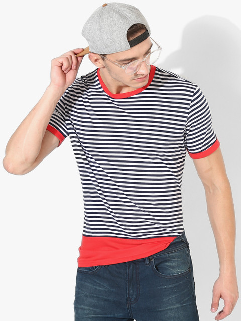 

Navy Blue Striped Regular Fit Round Neck Pure Cotton T-shirt