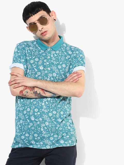 

Aqua Blue Printed Slim Fit Polo T-Shirt