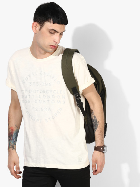 

Cream Printed Regular Fit Round Neck T-Shirt