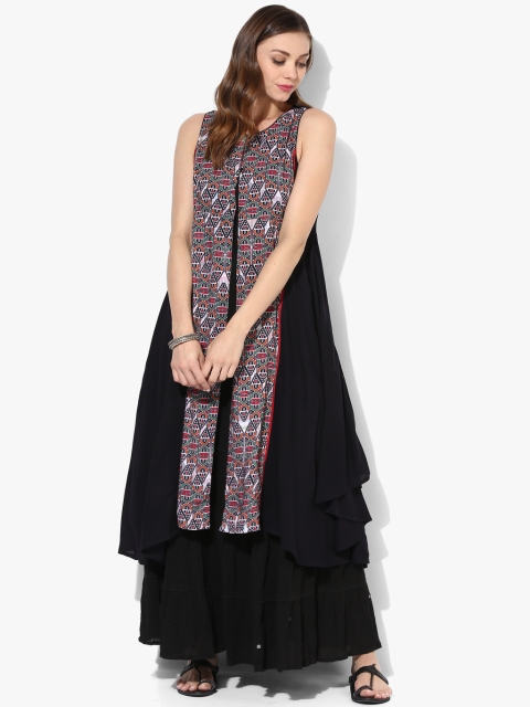 

Naari Women Black Printed Open Front Longline Ethnic Jacket