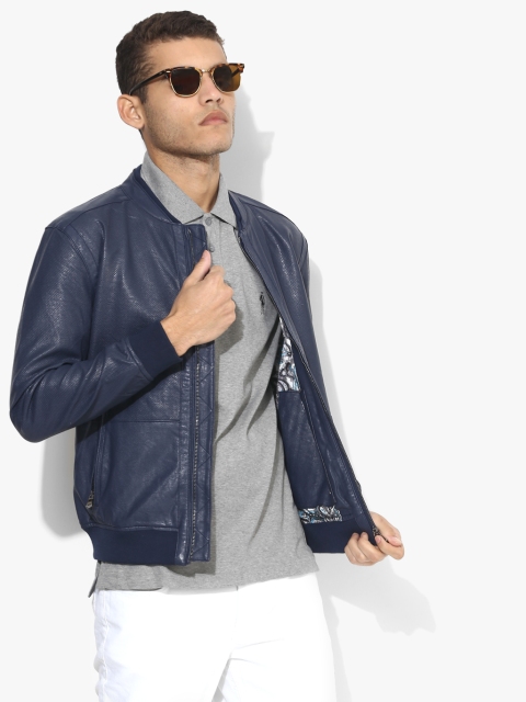 Navy Blue Textured Casual Jacket