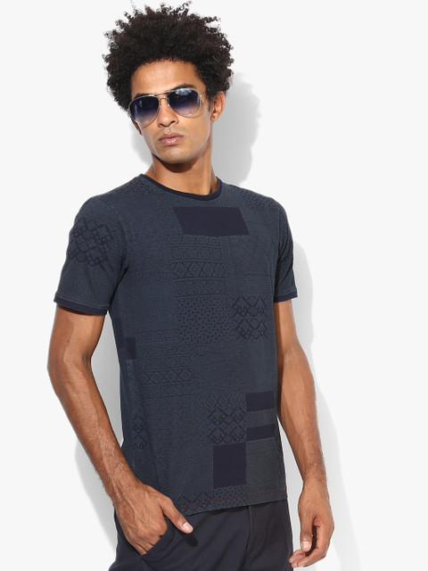 

Navy Blue Self Design Round Neck T-Shirt