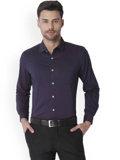 

URBAN SCOTTISH Men Navy Blue Knitted Slim Fit Printed Formal Shirt