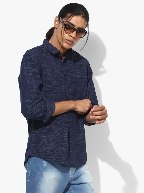 

Navy Blue Textured Slim Fit Casual Shirt