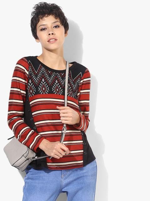 

109F Women Maroon & Black Striped Top
