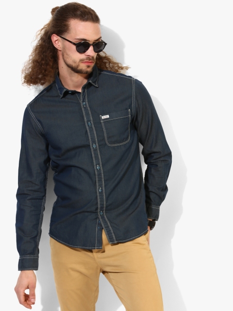 

Navy Blue Solid Regular Fit Denim Shirt