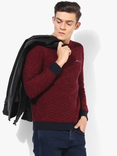 

Maroon Textured Round Neck Sweater