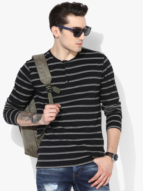 

Black Striped Henley Neck T-Shirt