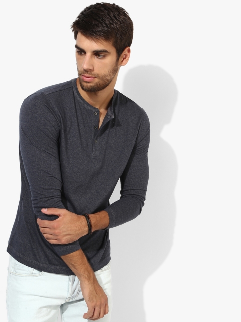 

Navy Blue Textured Slim Fit Henley T-Shirt