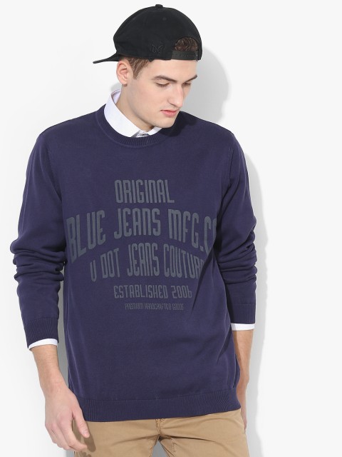 

V Dot Blue Printed Round Neck Sweater
