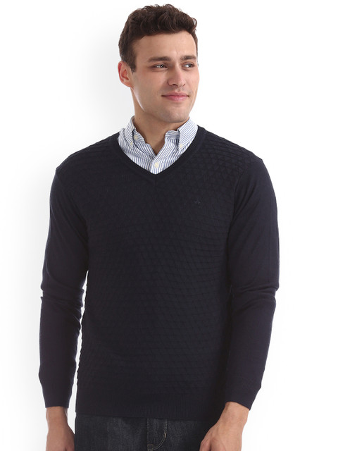 

Arrow Men Navy Blue Solid Pullover Sweater