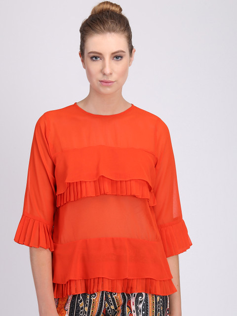 

NIZA Women Orange Solid Tiered Top