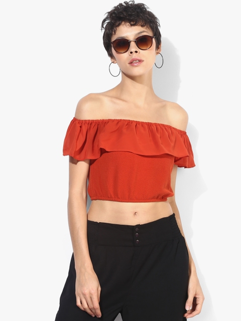 

109F Women Red Solid Bardot Top
