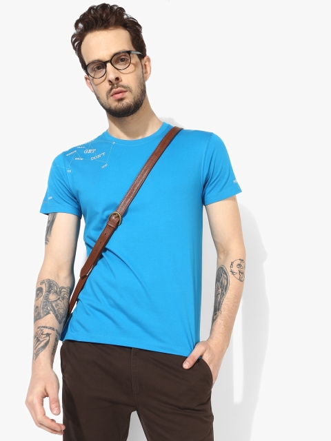 Blue Printed Slim Fit Round Neck T-Shirt
