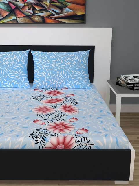 

Divine Casa Blue & Pink Floral Flat 144 TC Cotton 1 King Bedsheet with 2 Pillow Covers