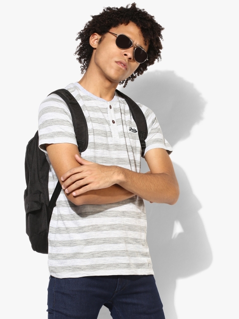 Grey Striped Regular Fit Henley T-Shirt