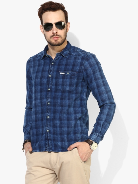 

Navy Blue Checked Regular Fit Casual Shirt