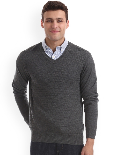 

Arrow Men Grey Self-Design Pullover Sweater