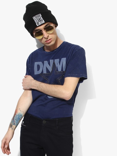 

Navy Blue Printed Regular Fit Round Neck T-Shirt