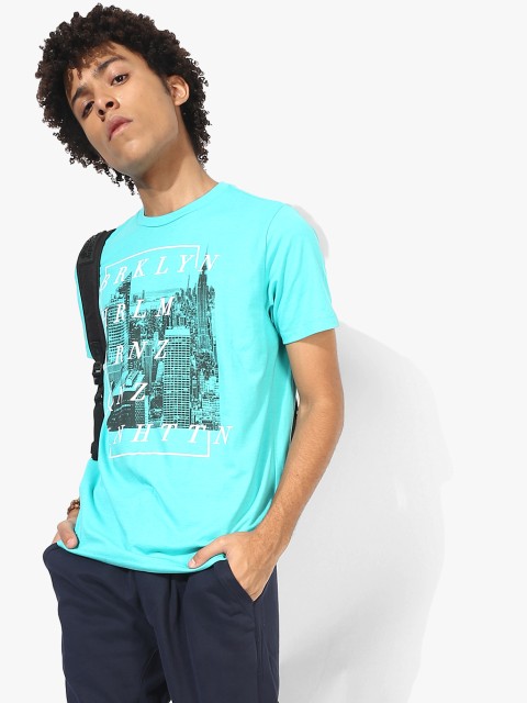 Aqua Blue Printed Regular Fit Round Neck T-Shirt, Turquoise blue