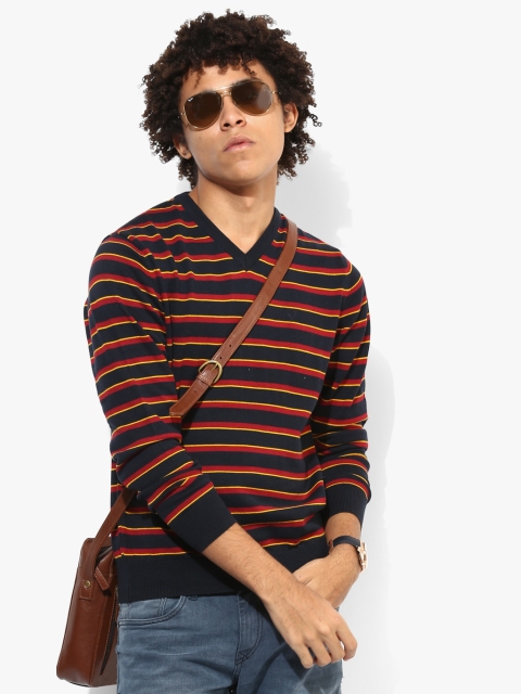 

Multicoloured Striped Regular Fit V Neck Sweater, Multi