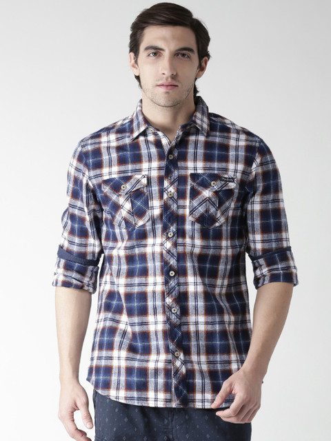 

Tokyo Laundry Men Navy Blue & White Checked Regular Fit Casual Shirt