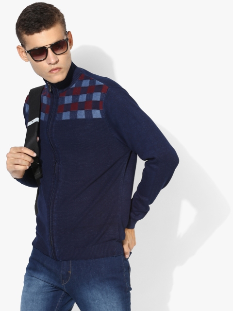

Navy Blue Checked High Neck Sweater