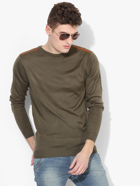 

V Dot Men Olive Green Solid Sweater