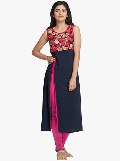 

Naari Women Navy Blue Floral Print Straight Kurta