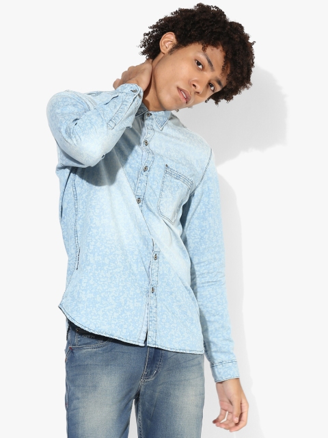 

Blue Printed Slim Fit Denim Shirt