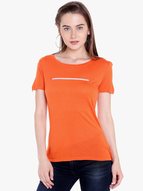 

SPYKAR Women Orange Solid Round Neck T-shirt