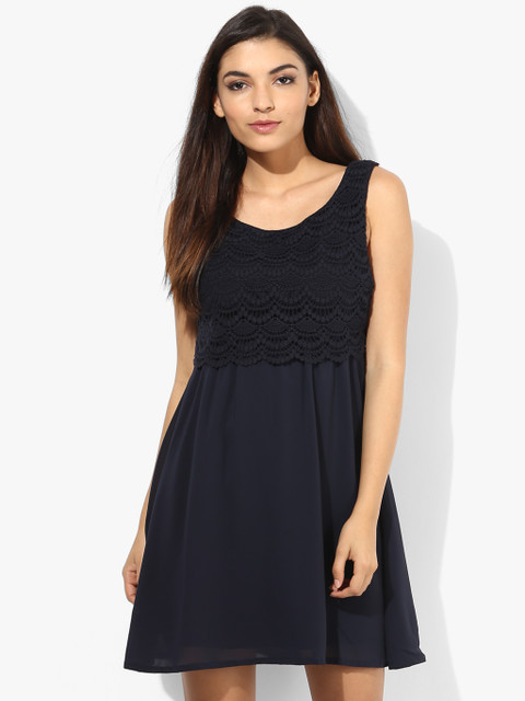 

Navy Blue Colored Embroidered Skater Dress