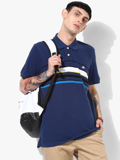 

Navy Blue Striped Regular Fit Polo T-Shirt