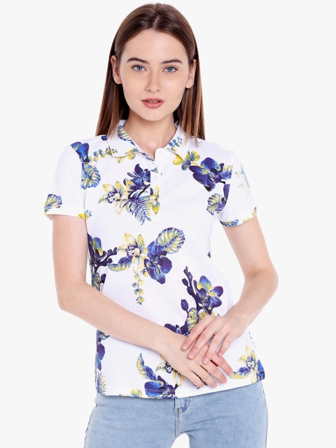 

SPYKAR Women White & Blue Printed Polo Collar T-shirt