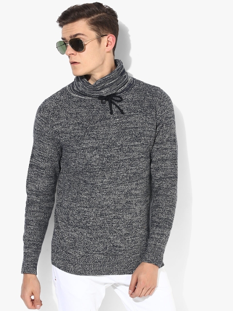 Navy Blue Textured High Neck Sweater