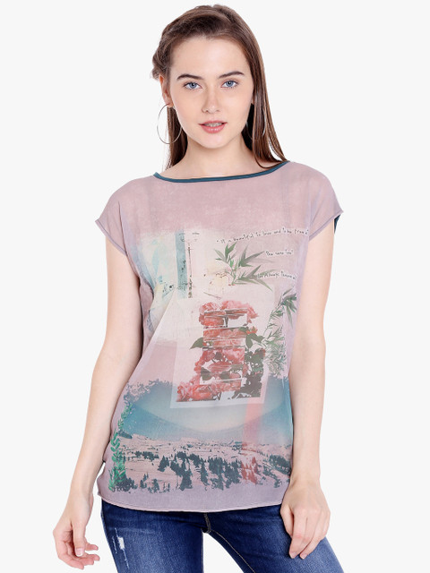 

SPYKAR Women Peach-Coloured Printed Round Neck T-shirt